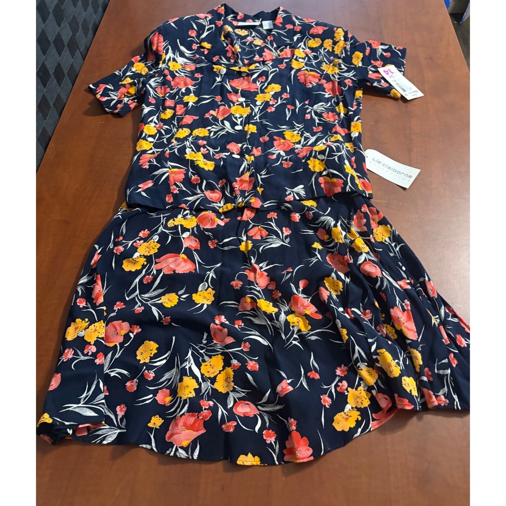 Liz Claiborne Collection Floral 2 Piece Skirt Set Navy Rayon Vintage NWT 14 12